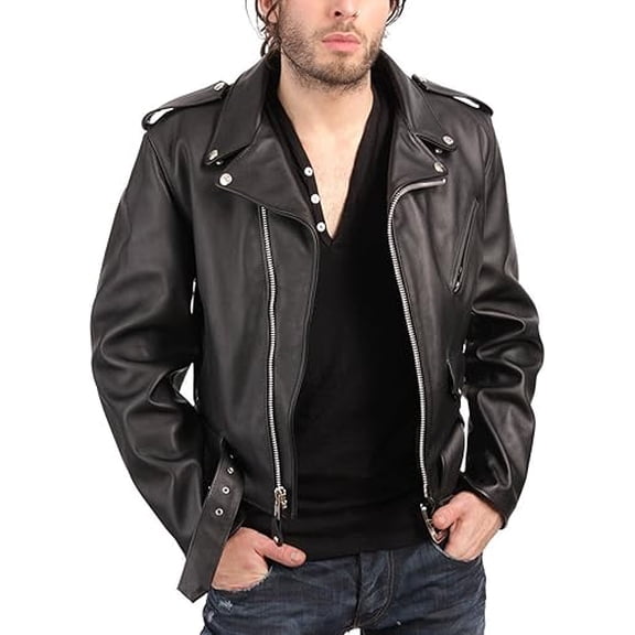 New Men's Genuine Lambskin Leather Jacket Black Belted Motorcycle Biker Jacket A409