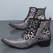 Men's Western Vintage Style Ankle Boots, Pointed Toe Cowboy Boots with Leopard Print, Floral Print Side-Zip Boots, Block Heel Dress Boots for Men