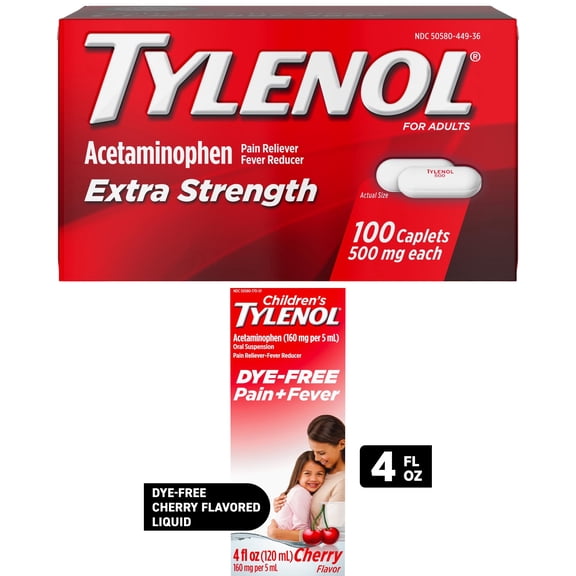 Tylenol Family Pain & Fever Relief Bundle: Extra Strength Caplets (100 ct)   Children's Dye-Free Liquid (4 fl oz)
