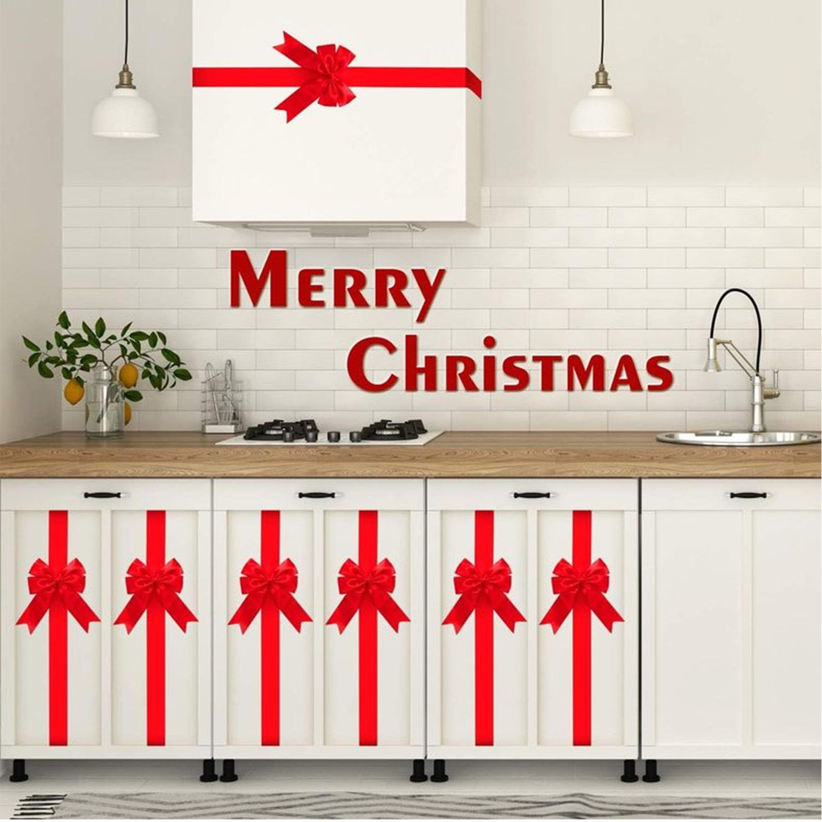Trianu 6Pcs Christmas Cabinet Ribbons Bows Decorations 40in/100cm Large Red Kitchen Cabinet Door Ribbons and Bows for Christmas Party Supplies