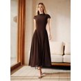 thumbnail image 5 of Womens Elegant Brown Cap Sleeve High Neck Flowy Pleated Maxi Dress, 5 of 9
