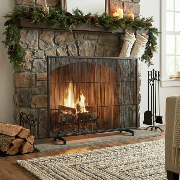 Christopher Knight Home 39" W x 30" H Iron Fireplace Screen, Single Panel Vertical Bar Design, Black
