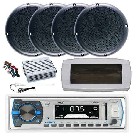Pyle PLMRB29W Single DIN Bluetooth Marine MP3 AM/FM Stereo Receiver with White Cover Long Range Antenna Amplifier w/Kit 4x 5.25 20 Watt Max Polycone Audio Speakers (Black Bulk Packaging)