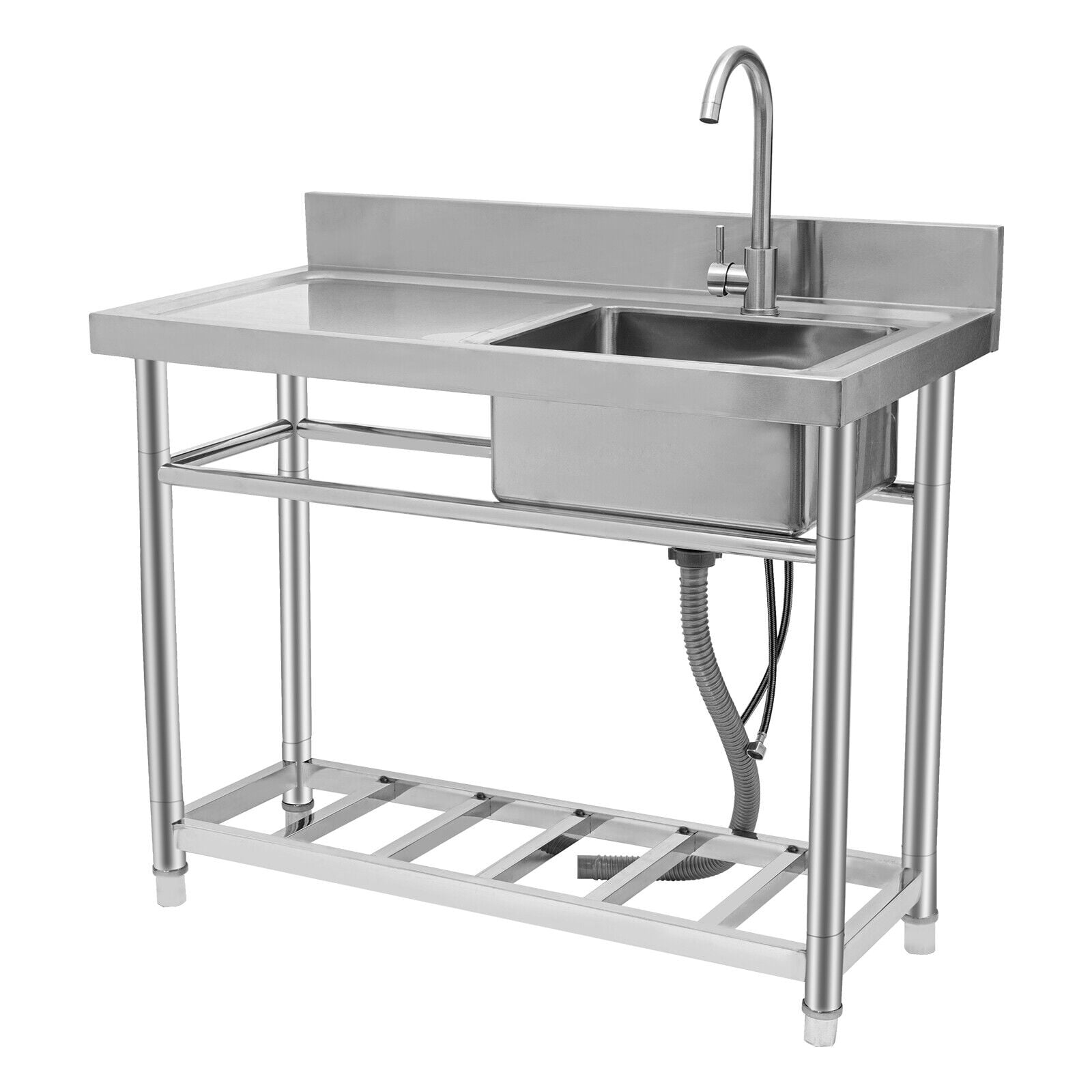 Restaurant Stainless Steel Kitchen Sink Prep Table Sink Free Standing Silver Utility Sink with Faucet 150kg Bear Capacity