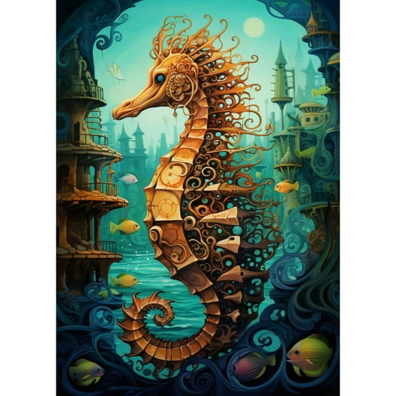 Golden Seahorse DIY 5D Diamond Art Paint with Full Drill Round Diamond Gems Painting by Number Kits for Adults Art Craft Home Wall Decor 15.8x19.8inch