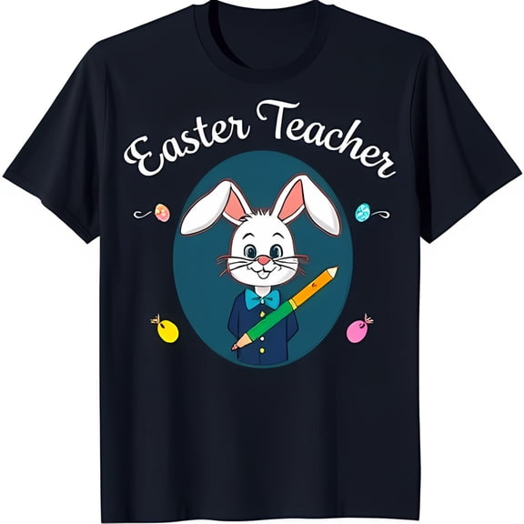 Blue 'Easter Teacher' T-Shirt with Cartoon & Pastel Eggs Design
