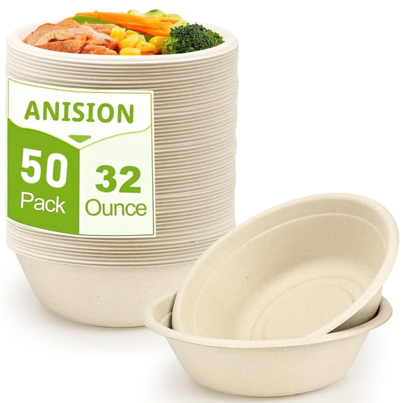 Large Disposable Paper Bowls 32oz, Heavy Duty Bowls 50 Pack, Compostable Paper Bowls for Hot and Cold Food, Biodegradable Bowls Made of Sugarcane