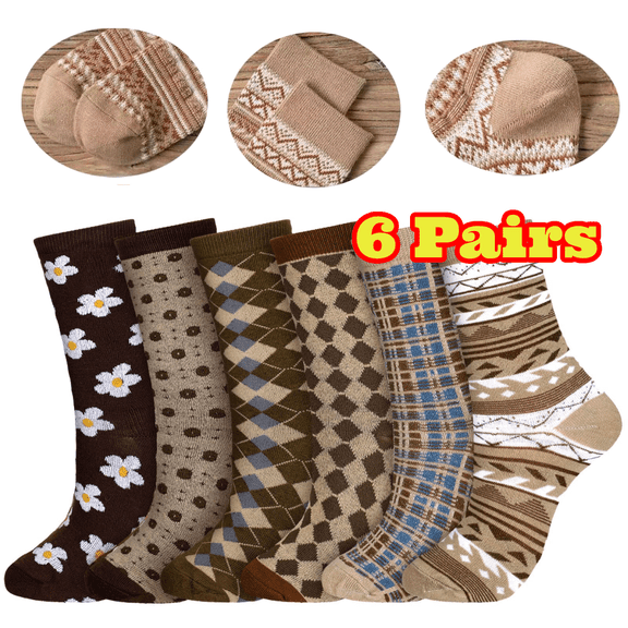 6 Pairs Warm Cotton Socks for Women, Floral Plaid Print Crew Socks
