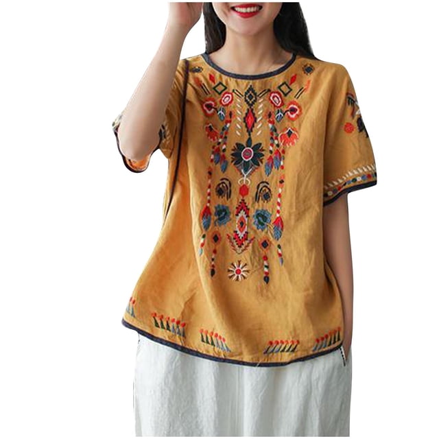 Tops de Algodón de Lino para las Mujeres Bordado Retro Suelto de Manga Corta de Gran Tamaño, Cuello Redondo
