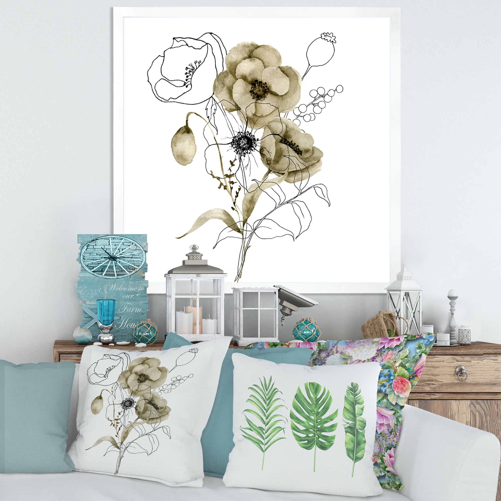 Designart 'Eucalyptus Branches With Anemone Bouquet Flower' Traditional Framed Art Print