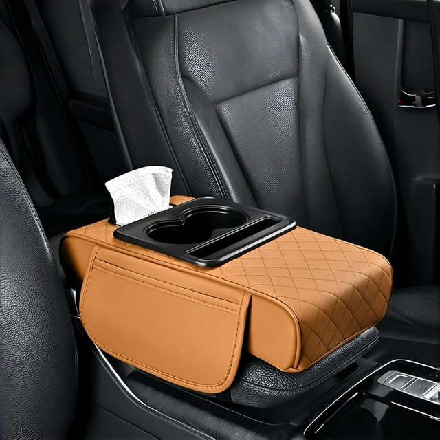 5-in-1 Multifunctional PU Leather Car Armrest Box Mat, Center Console Organizer with Cup Holder, Phone & Tissue Slots, Waterproof Elastic Pad for Most Vehicles