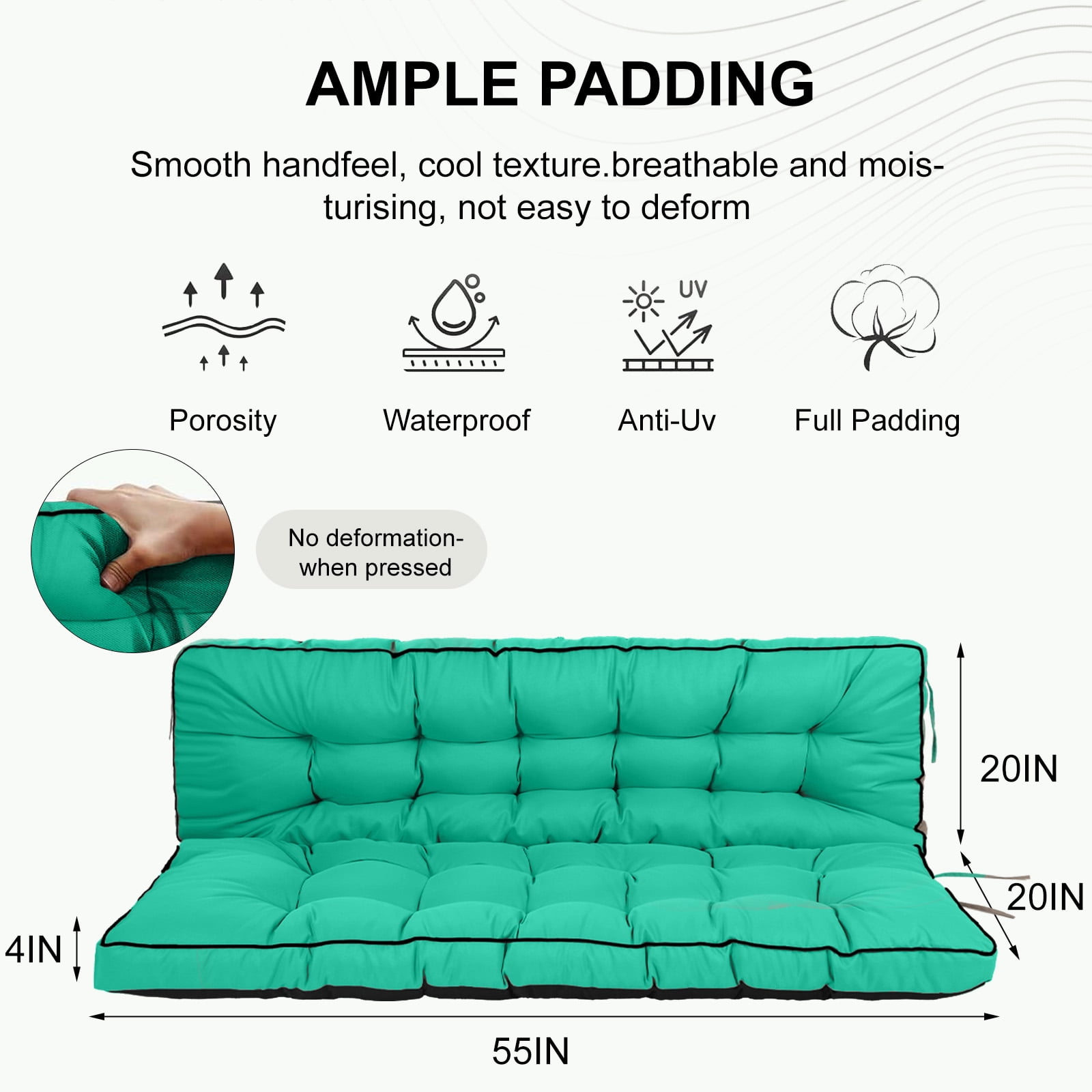3-Seater Outdoor Porch Swing Cushion with Backrest, 60×40 Inch 5 Inch Thick Splash-Proof Patio Bench Replacement Cushion with Fastening Ties for Backyard Garden Outdoor Furniture