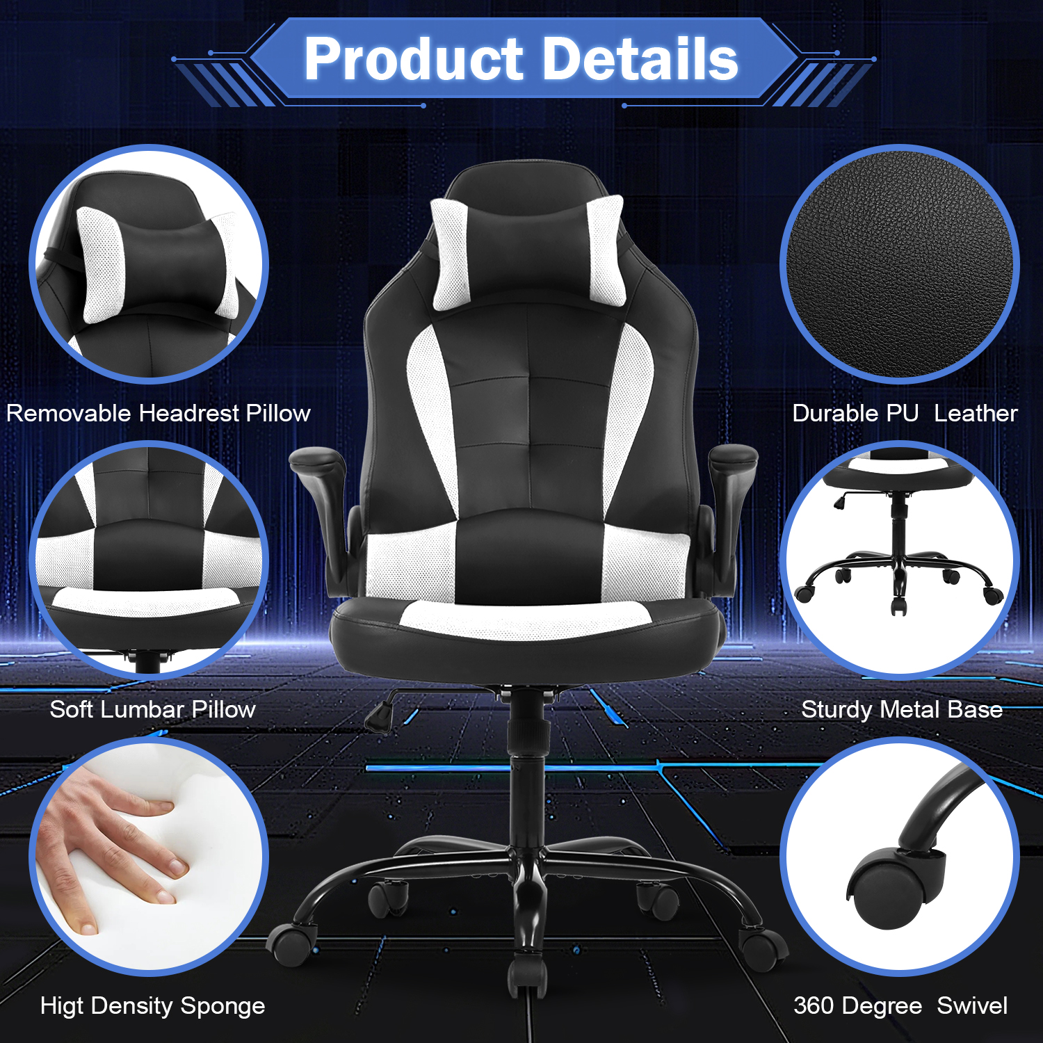 Video Game Chair High Back Gaming Chair PU Leather Racing Chair with Headrest Lumbar Support & Flip-up Arms , Adjustable Gamer Chair for Adults & Kids,White