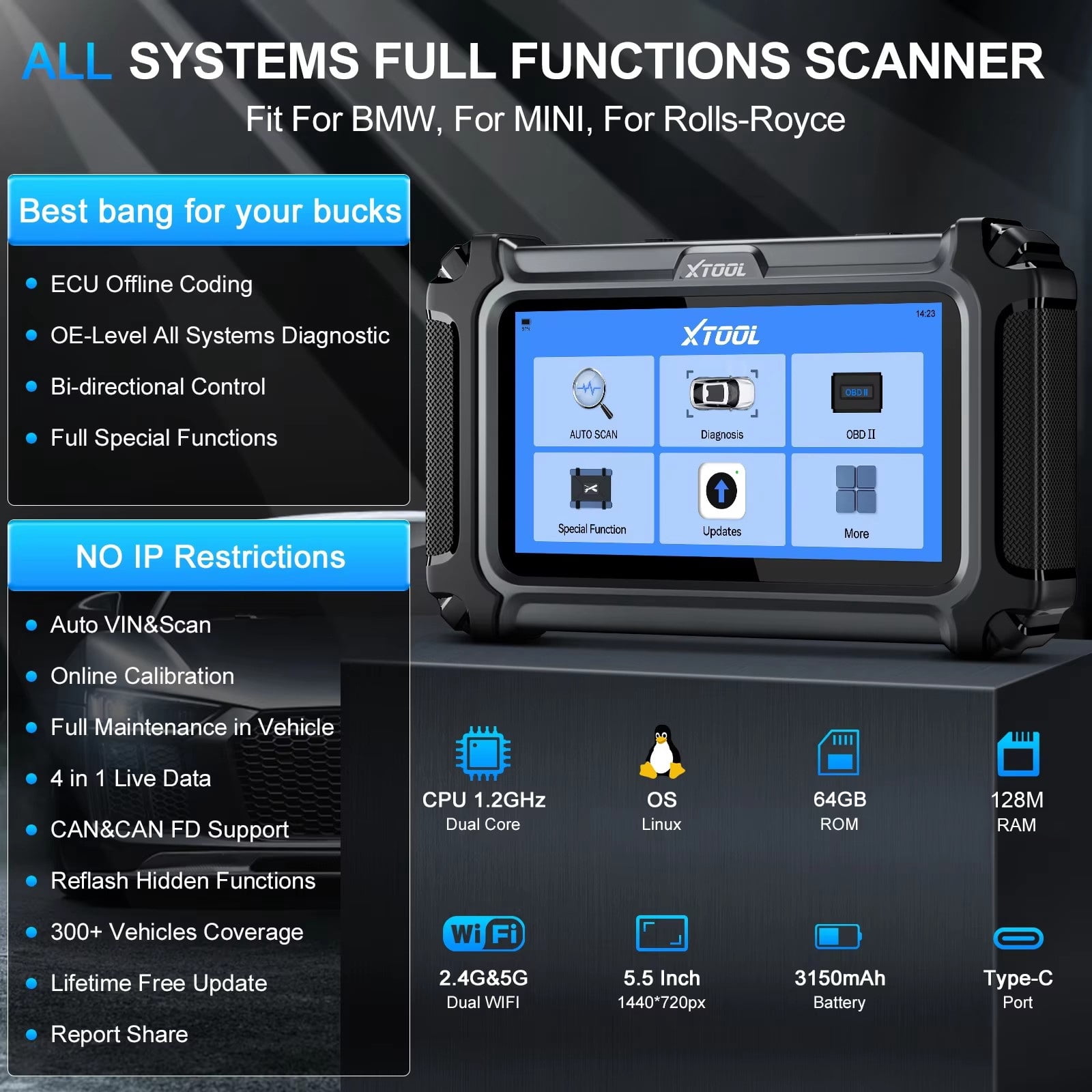 XTOOL IP500 OBD2 Scanner for BMW, Full Systems Bidirectional Scan Tool with ECU Cod-ing, Battery Registration Tool, All Services, Lifetime Free Update