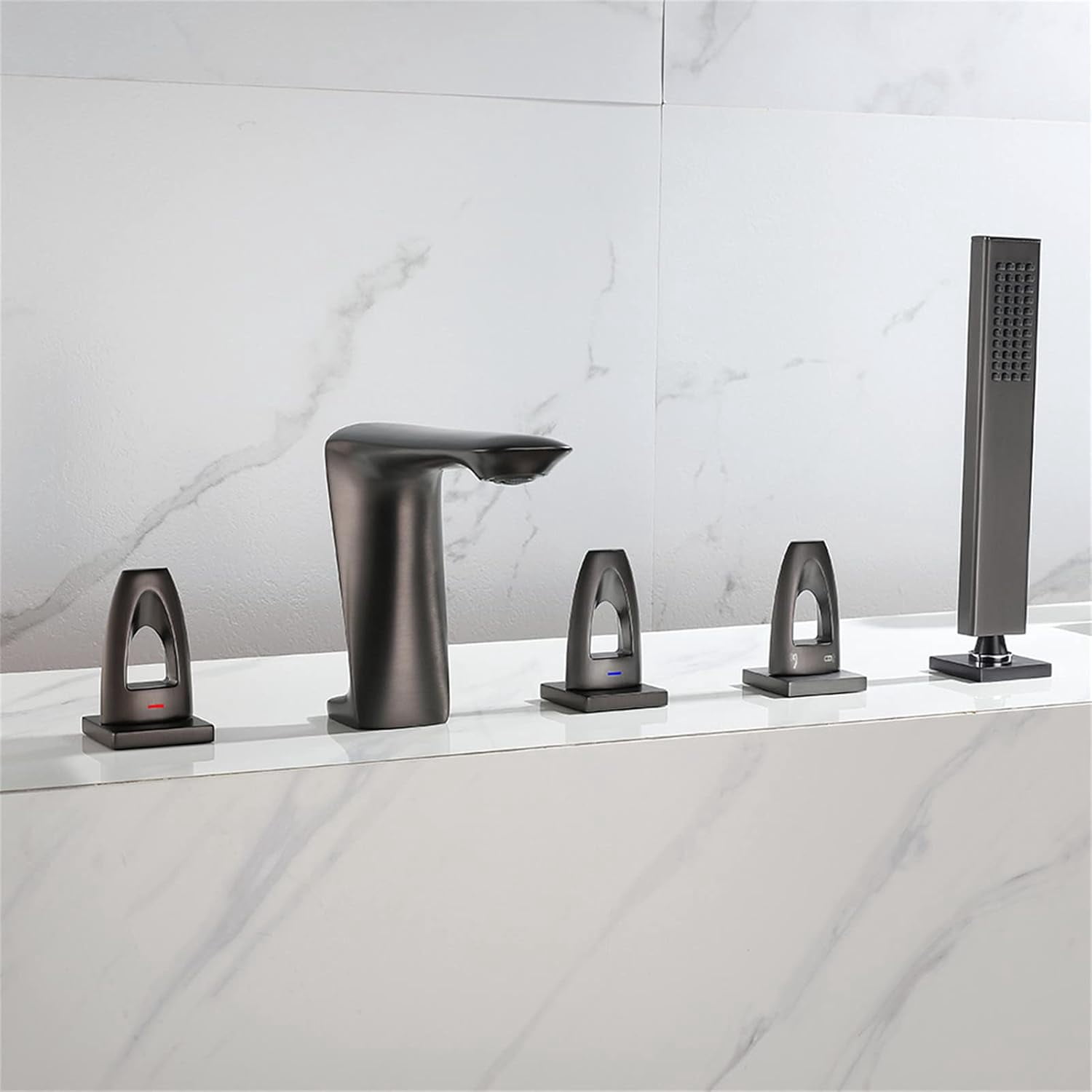 Bathtub Faucet, 5pc Deck Mounted Bath Shower Set Brass Hand Shower Basin Mixer Tap Widespread Tub Sink Faucet