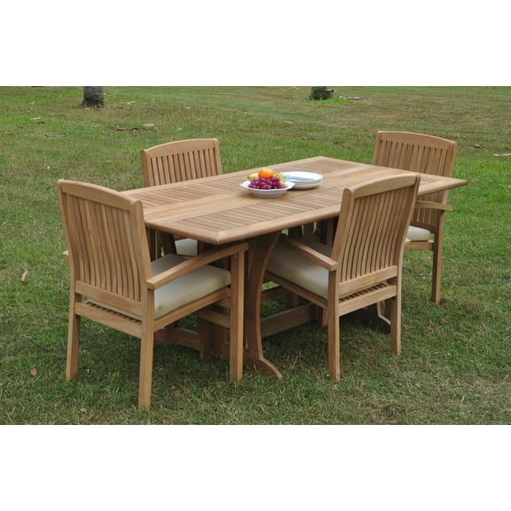 Grade-A Teak Dining Set: 4 Seater 5 Pc: Warwick Console Folding Rectangle Table And 4 Wave Stacking Arm Chairs Outdoor Patio WholesaleTeak #WMWave36