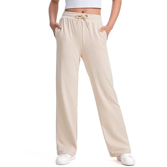 UACY Girls Oversized Wide Leg Pants Baggy Preppy Cotton Sweatpants Kids Flowy High Waisted Joggers Athletic Drawstring Trousers (Beige, 8-9 Years)