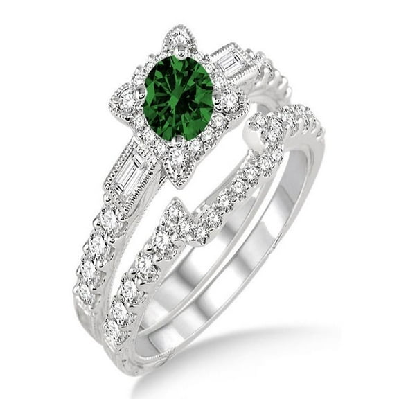 1.5 Carat Emerald & Diamond Vintage floral Bridal Set Engagement Ring on 10k White Gold