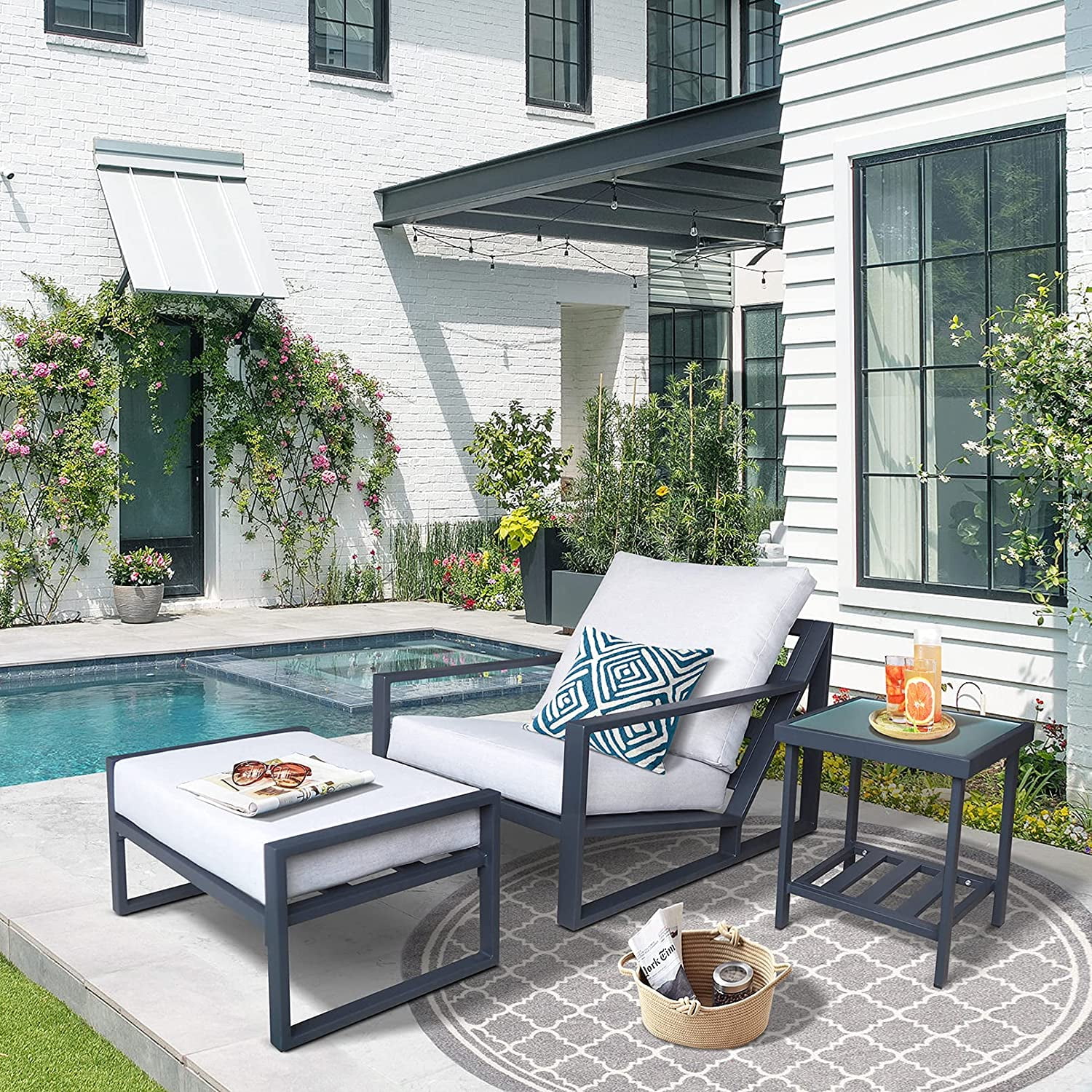 Arttoreal 2Pcs Outdoor Aluminum Recliner Set with Ottoman, All Weather