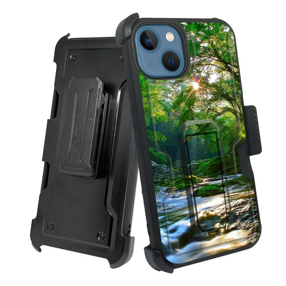 ANJ+ Rugged Shockproof Holster Case w/Card Slot, Kickstand + Tempered Glass for iPhone 13 (6.1") - Forest Stream