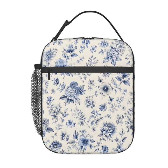 Blue Floral Toile Lunch Bag Reusable Thermal Lunch Box with Handle for Women and Men