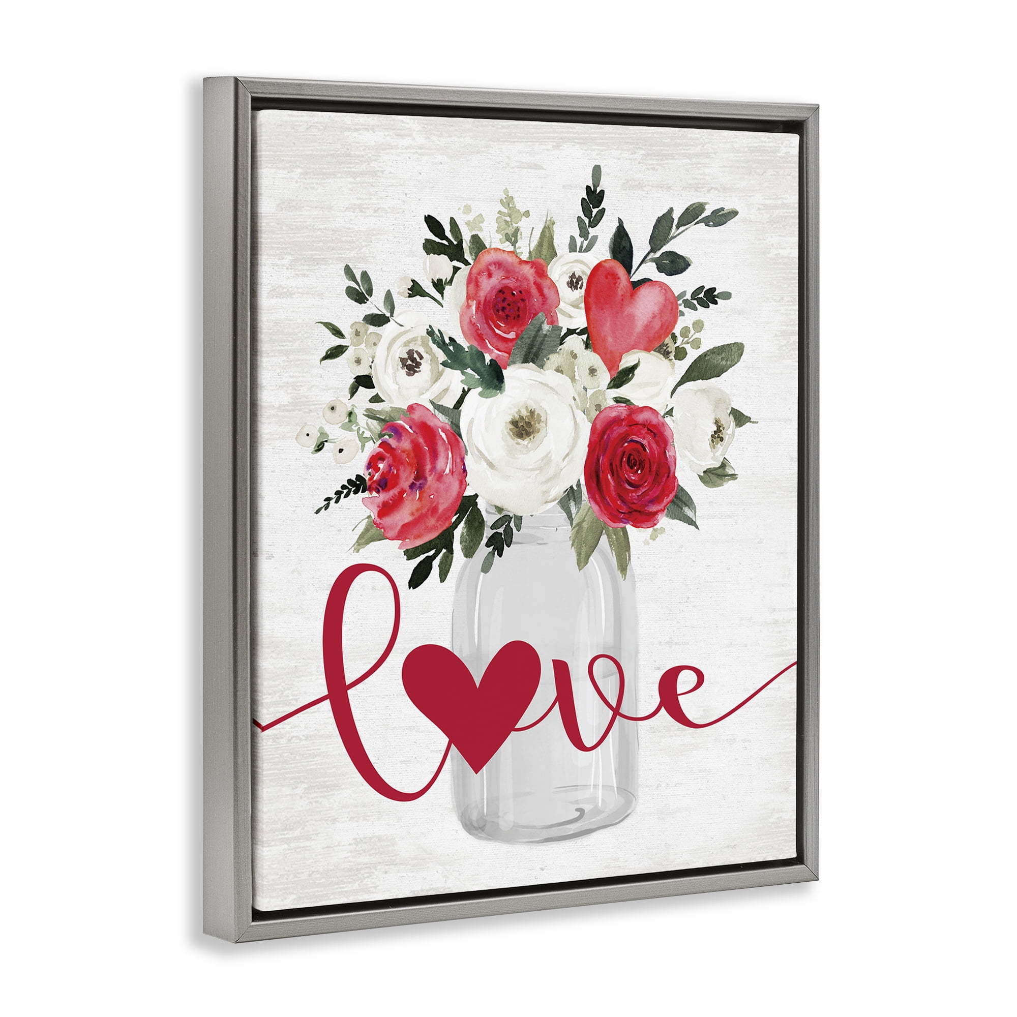 Stupell Industries Red Love Bouquet Botanical & Floral Painting Gray Floater Framed Canvas Art Print Wall Art, 25 x 31