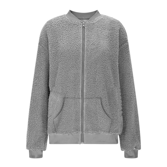 HAiming Womens Zip up Fleece Jacket Long Sleeve Fuzzy Comfy Solid Color Tops Fall Winter Outwear Coat with Pockets