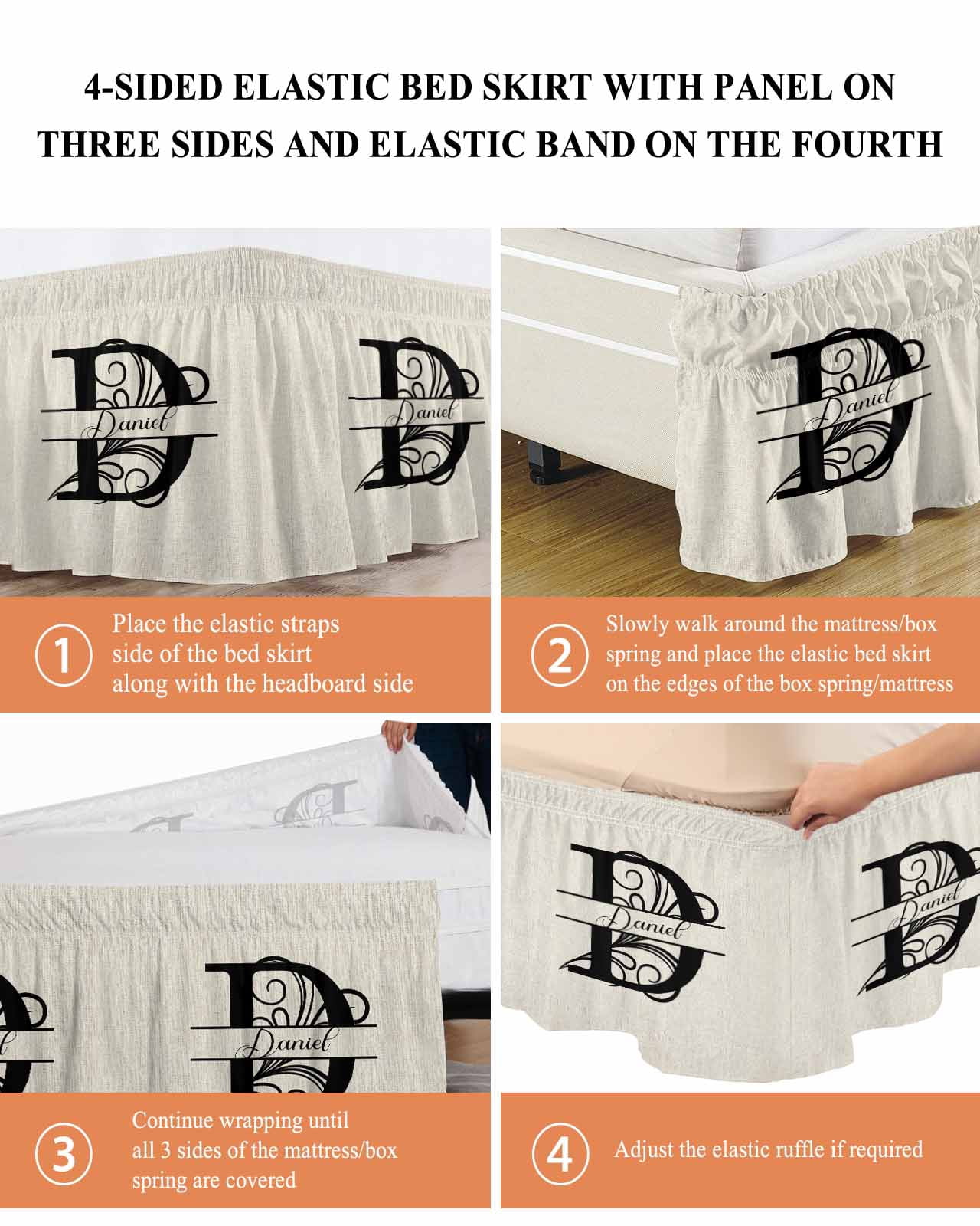 Letter D Bed Skirt Queen Size, Monogram Words Wrap Around Bed Skirting with Adjustable Elastic Strap, Dust Ruffle Pleated Bedskirts 16 Inch Drop for Bedroom Queen Beds