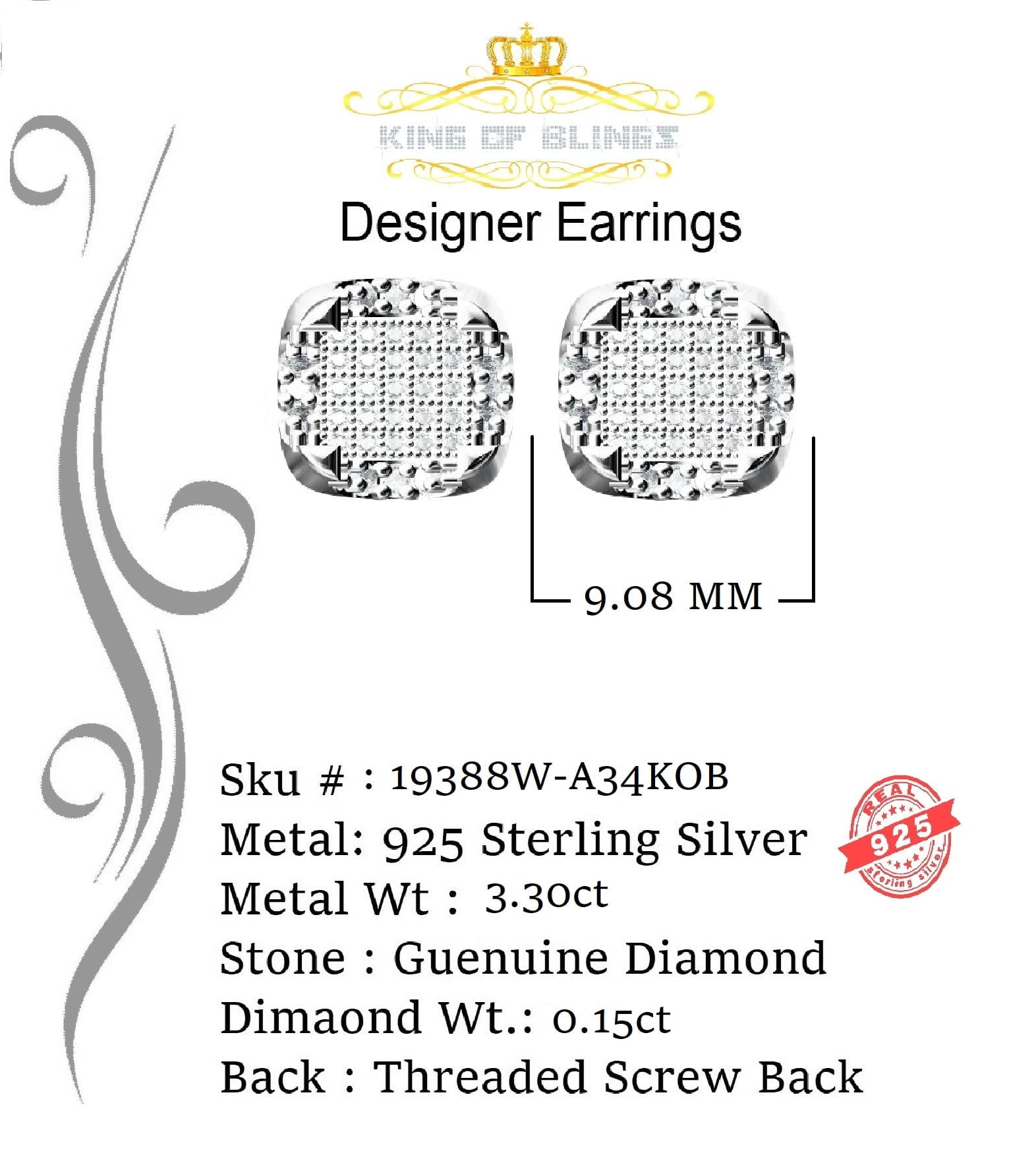 King of Bling's Women's Stud In 925 White Sterling Silver 0.15ct Diamond Stud Men's Earrings