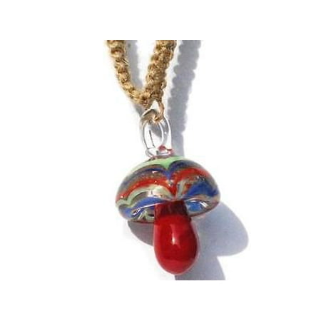 - 1PK Hemp Choker Necklace with Red Maroon Glass Mushroom Pendant