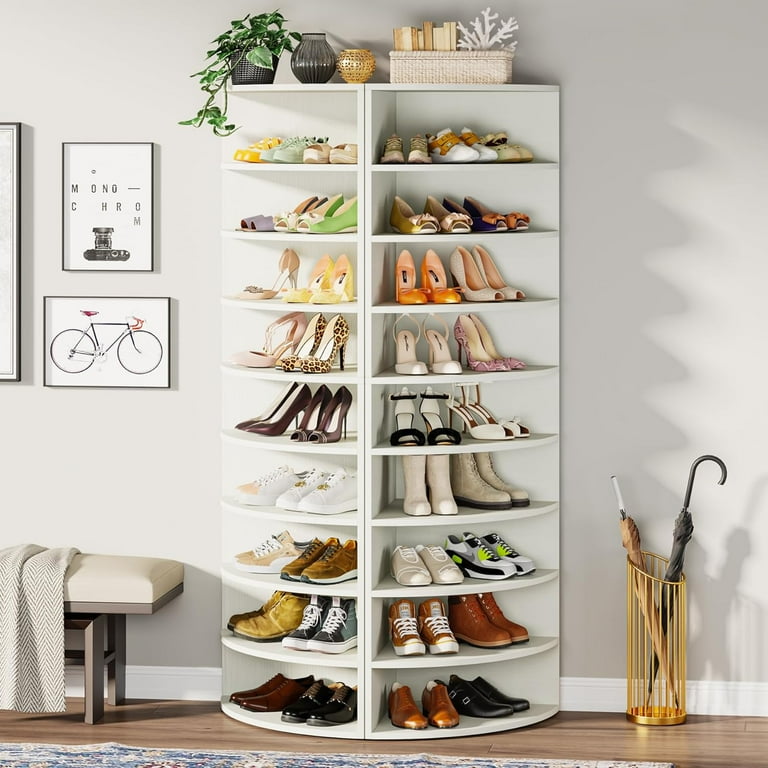 Tribesigns 9-Tier Shoe Rack, White Wooden Corner Shoe Cabinet