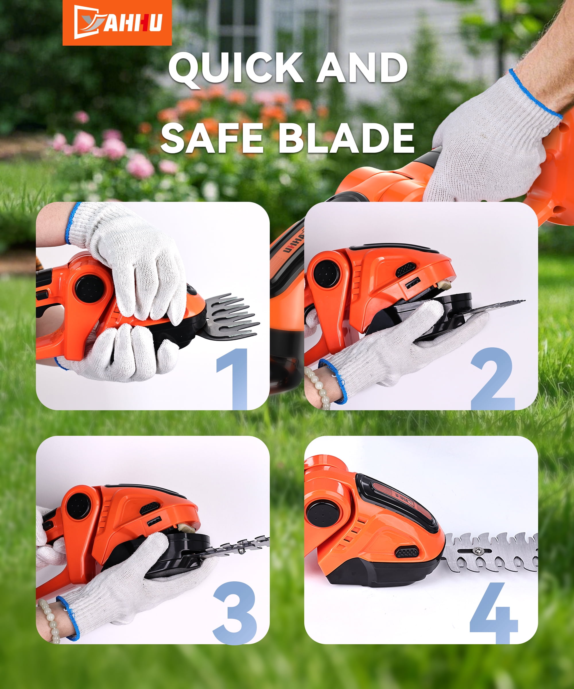 YAHHU Cordless Hedge Trimmer, 3 in 1 Handheld Electric Grass Trimmer , Trimmer for Bush,Tree, Garden, Patio and Lawn