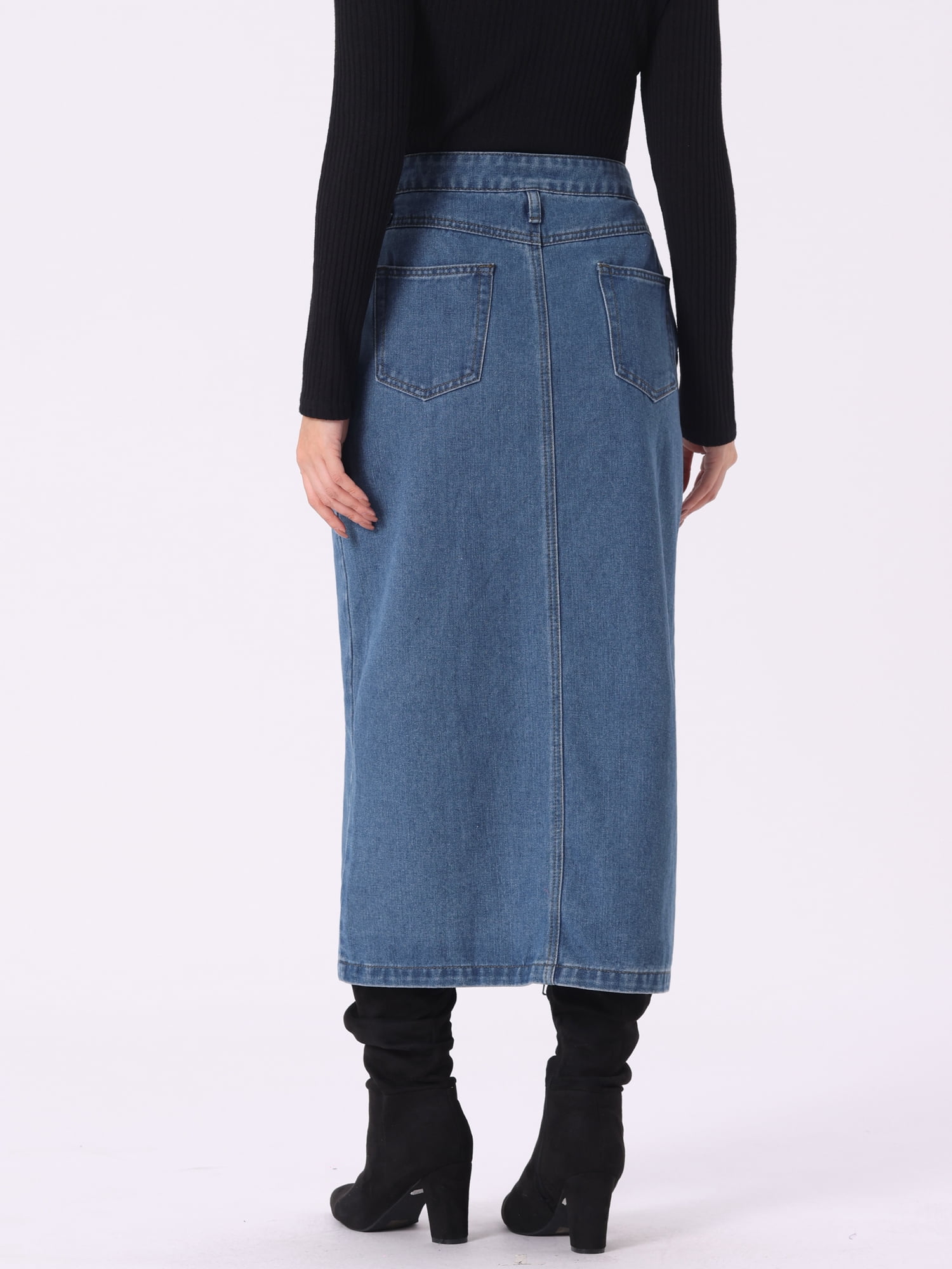 DARING DIVA Women Denim Zipper Front Split Long Jean Skirt with Pockets M Sky Blue