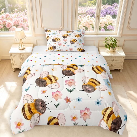 Erosebridal Cartoon Bee Twin Comforter Sets,Cute Sunflower Florals Bedding Set,White Pink,Polkadot Reversible,2pcs,1 Comforter and 1 Pillowcase