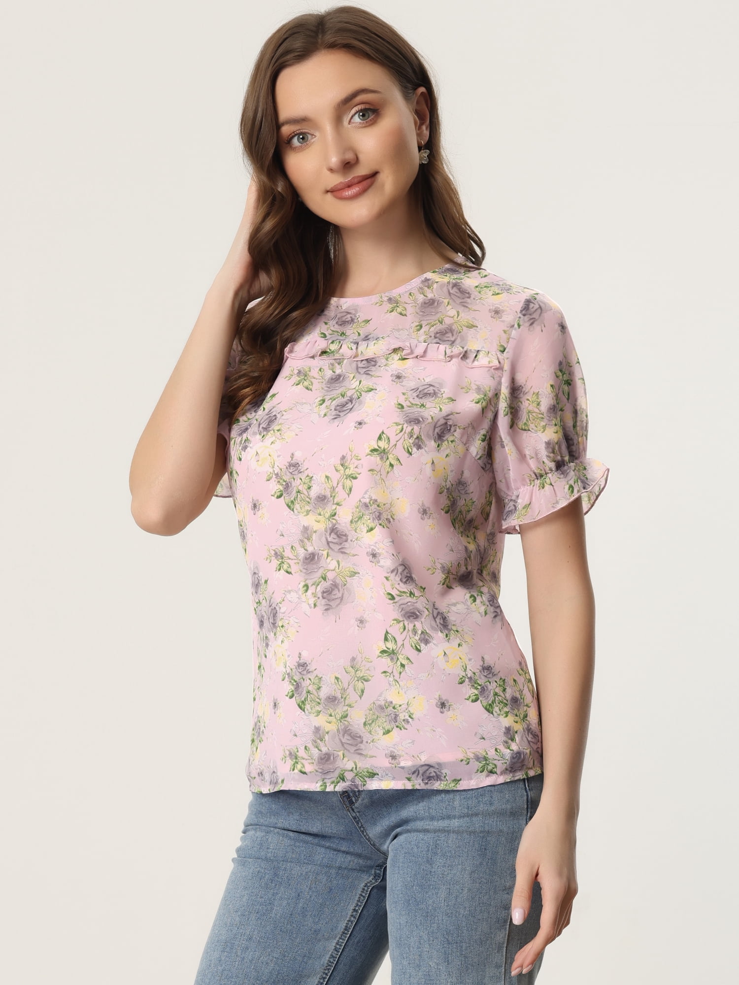 DARING DIVA Chiffon Ruffled Trim Floral Blouse Top S Pink Grey