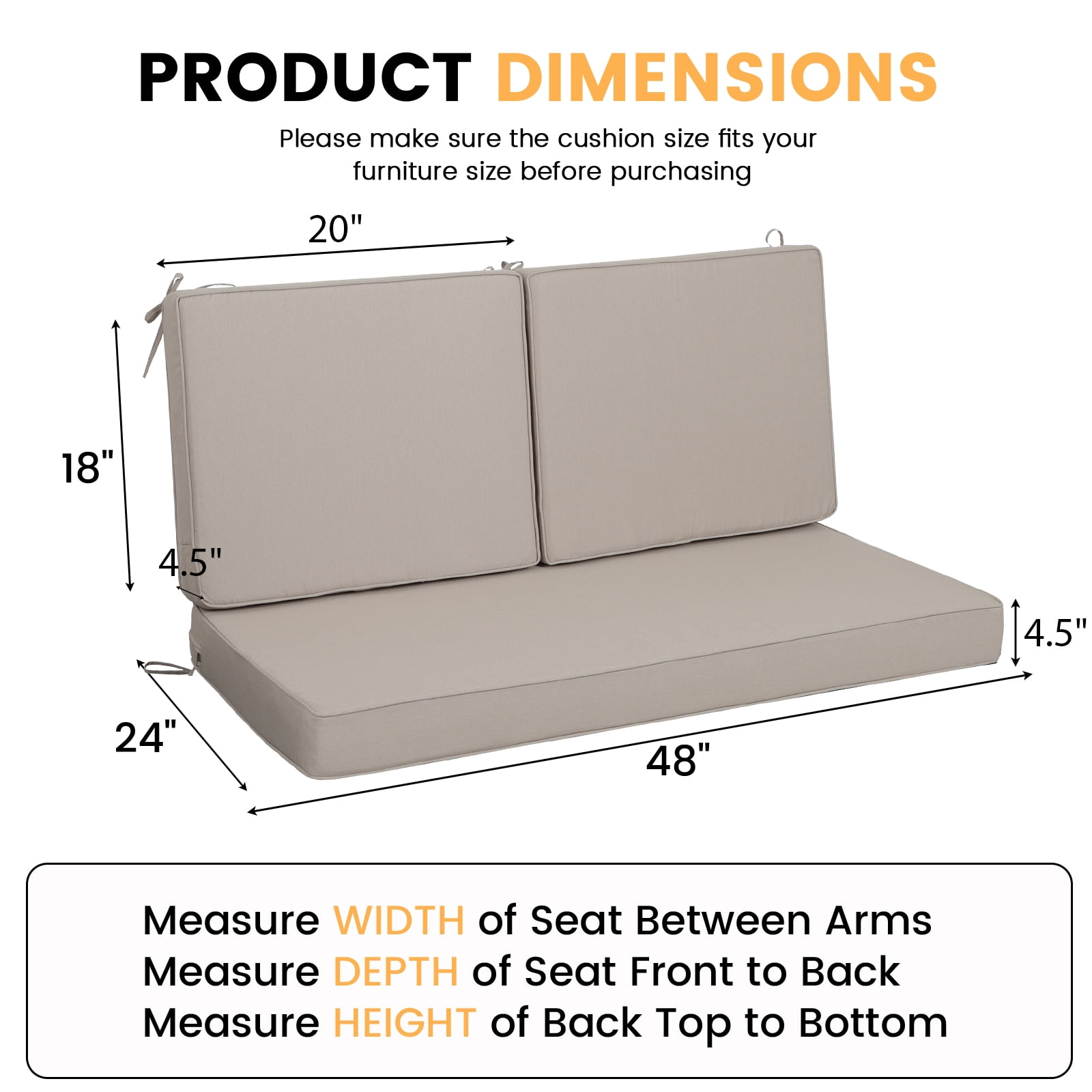 DTTRA Outdoor Loveseat Cushion Set, 48 x 24 Inch, Water Repellent, 3-Year Fade Resistant, Patio Furniture Cushions with Removable Cover, Ties and Hidden Zipper for Sofa Bench Couch Pads Set