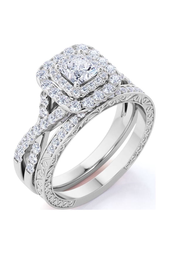 Square Diamond - Double Halo - Twisted Band - Vintage Inspired - Pave - Wedding Ring Set in 10K White Gold