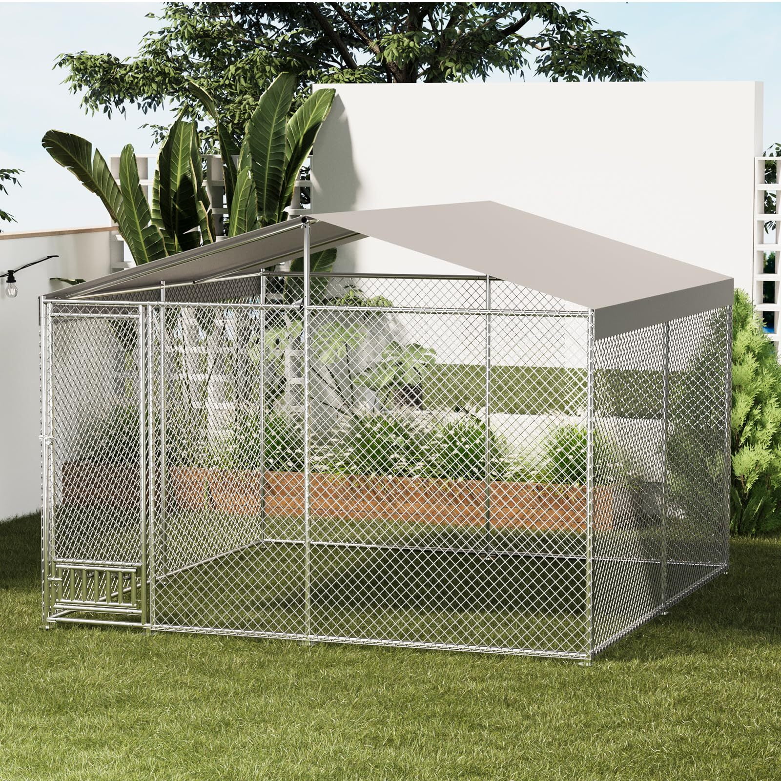 EuKer 10x10 ft Large Outdoor Dog Kennel with Waterproof Cover and Feeding Door for Medium/Large Dogs, Silver
