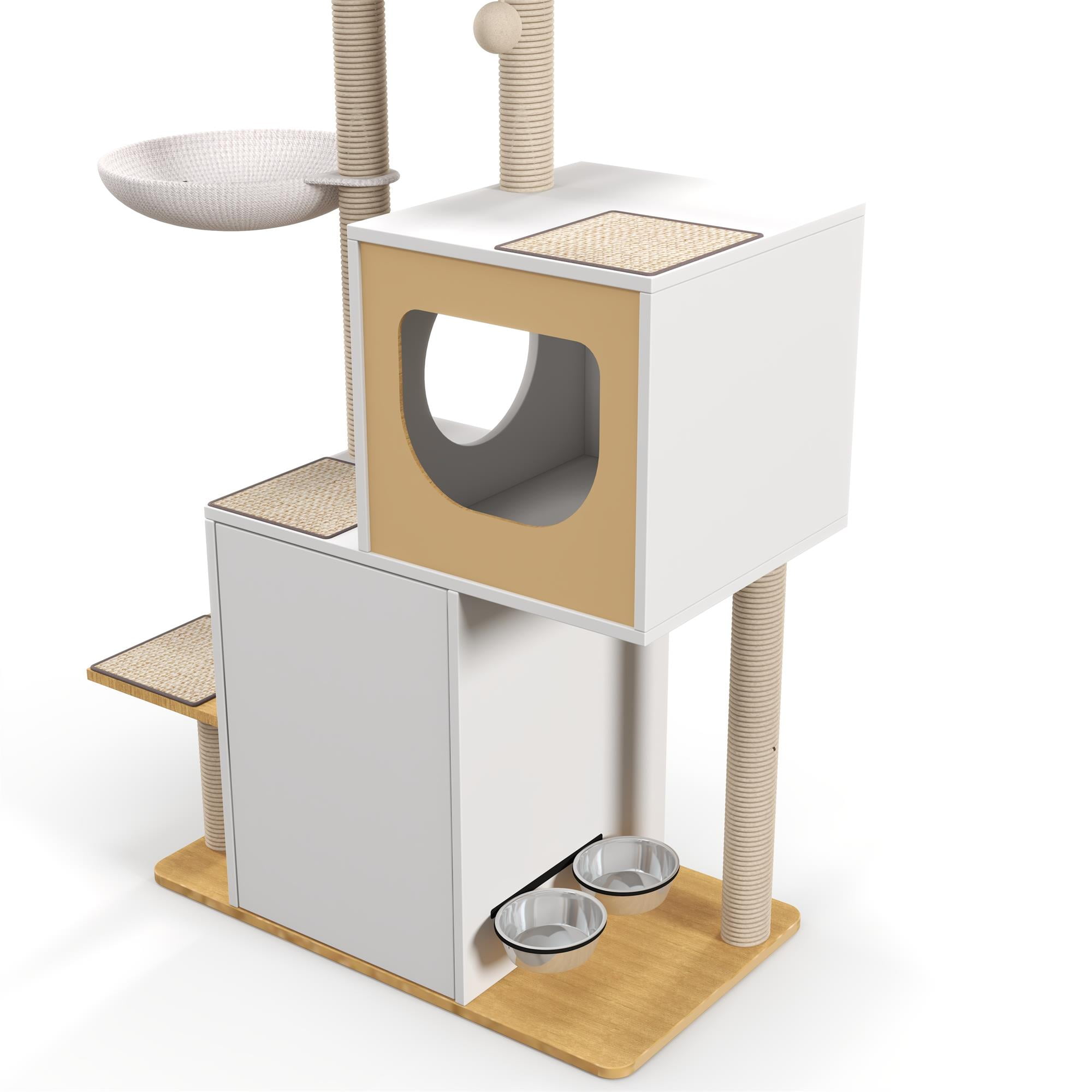 Pefilos 50" Wood Cat Tree Tower Multi-Level Cat Condo with Sisal Scratching Post for Indoor Kitten Activity Centre Furniture, White Pefilos 50" Wood Cat Tree Tower Multi-Level Cat Condo with Sisal Scratching Post for Indoor Kitten Activity Centre Furniture, White
