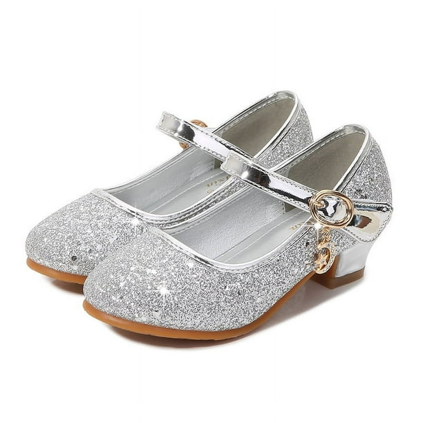 Zapatos de tacón alto para niñas, zapatos de princesa para las cuatro estaciones, zapatos de cuero para niñas, zapatos de una sola capa para primavera y otoño, zapatos plateados de alto rendimiento
