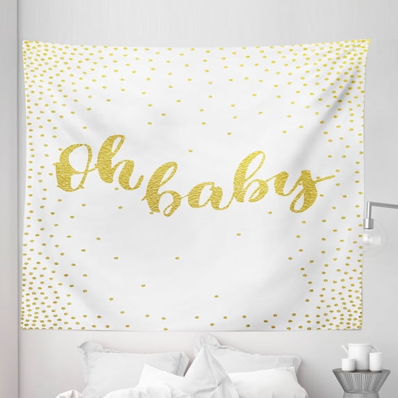 Saying Tapestry, Oh Font Writing Ornamented with Sparsed Dot Print, Fabric Wall Hanging Decor for Bedroom Living Room Dorm, 5 Sizes, Earth Yellow White, by Ambesonne