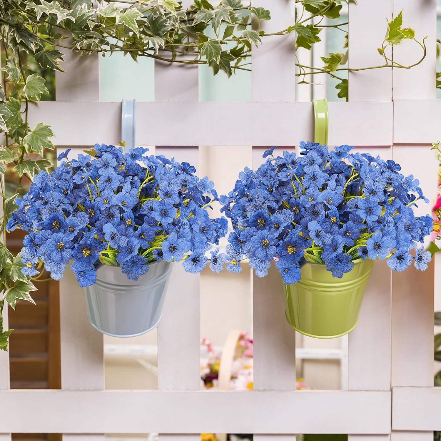 16 Bundles Blue Spring Artificial Flowers for Outdoors Fake Spring Flowers Faux Flowers for Planters Garden Window Box