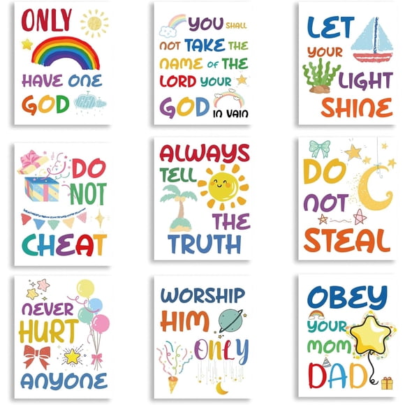 9 Pcs Impressions sur Toile Éducatives Non Encadrées Dire la Vérité Obéir Maman Texte Toile Couleur Art Peinture Suspendue pour Rentrée des Classes Classe Maternelle Décoration (Sans Cadre)