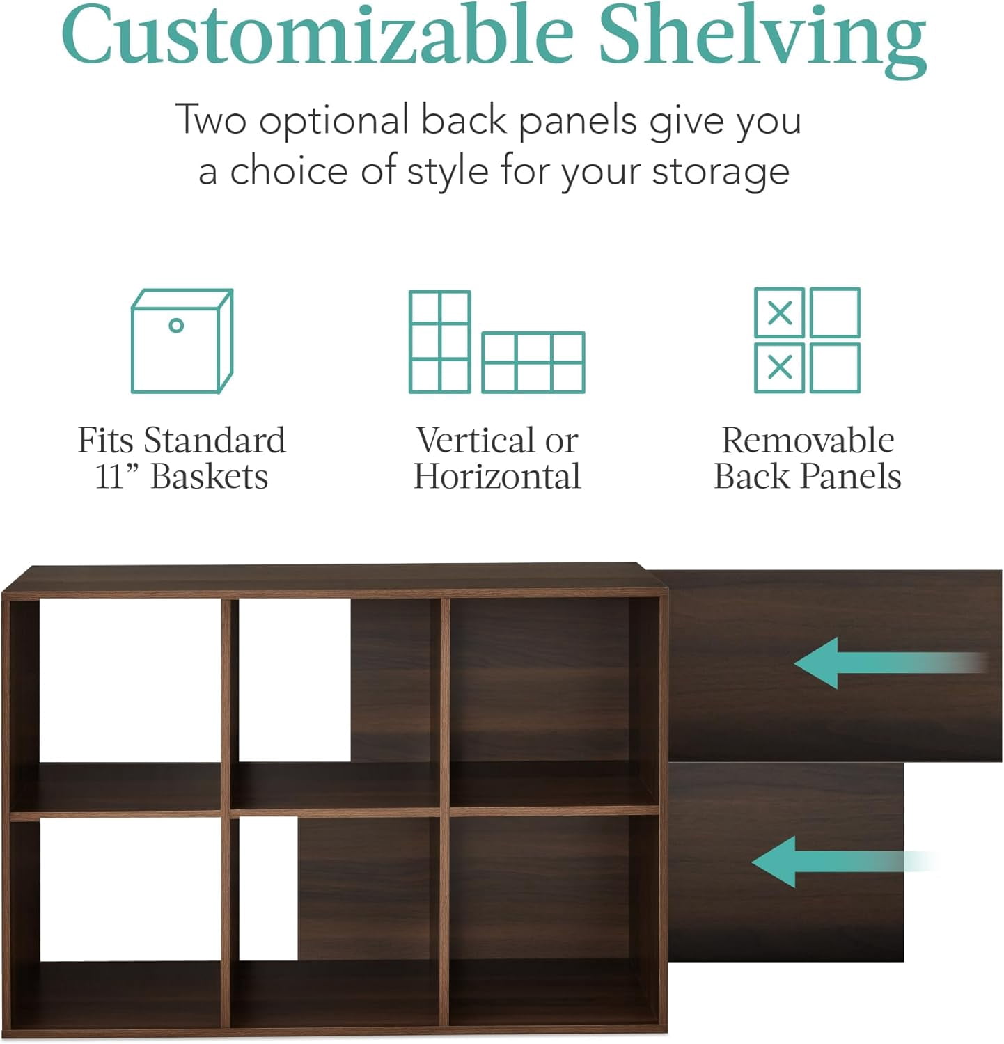 6-Cube Storage Organizer, 11in Shelf Opening, Bookcase, Display Shelf, Customizable w/ 3 Removable Back Panels – Walnut