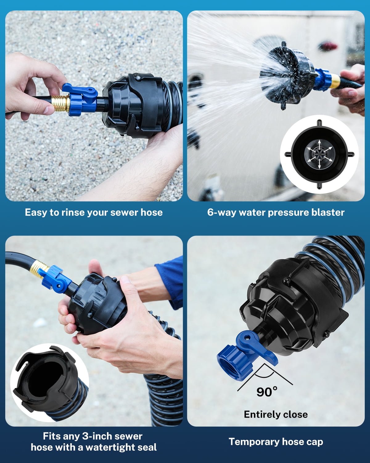 Kohree Camper & RV Black Water Hose - No-Kink Design with Sewer Hose Accessories for Black Water, Gray Water, RV Tank Cleaning, 25FT 5/8" Diameter