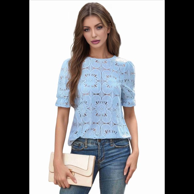 Blusa de Verano para Mujer con Encaje de Crochet, Ojales, Bordada, de Corta, Color Azul L