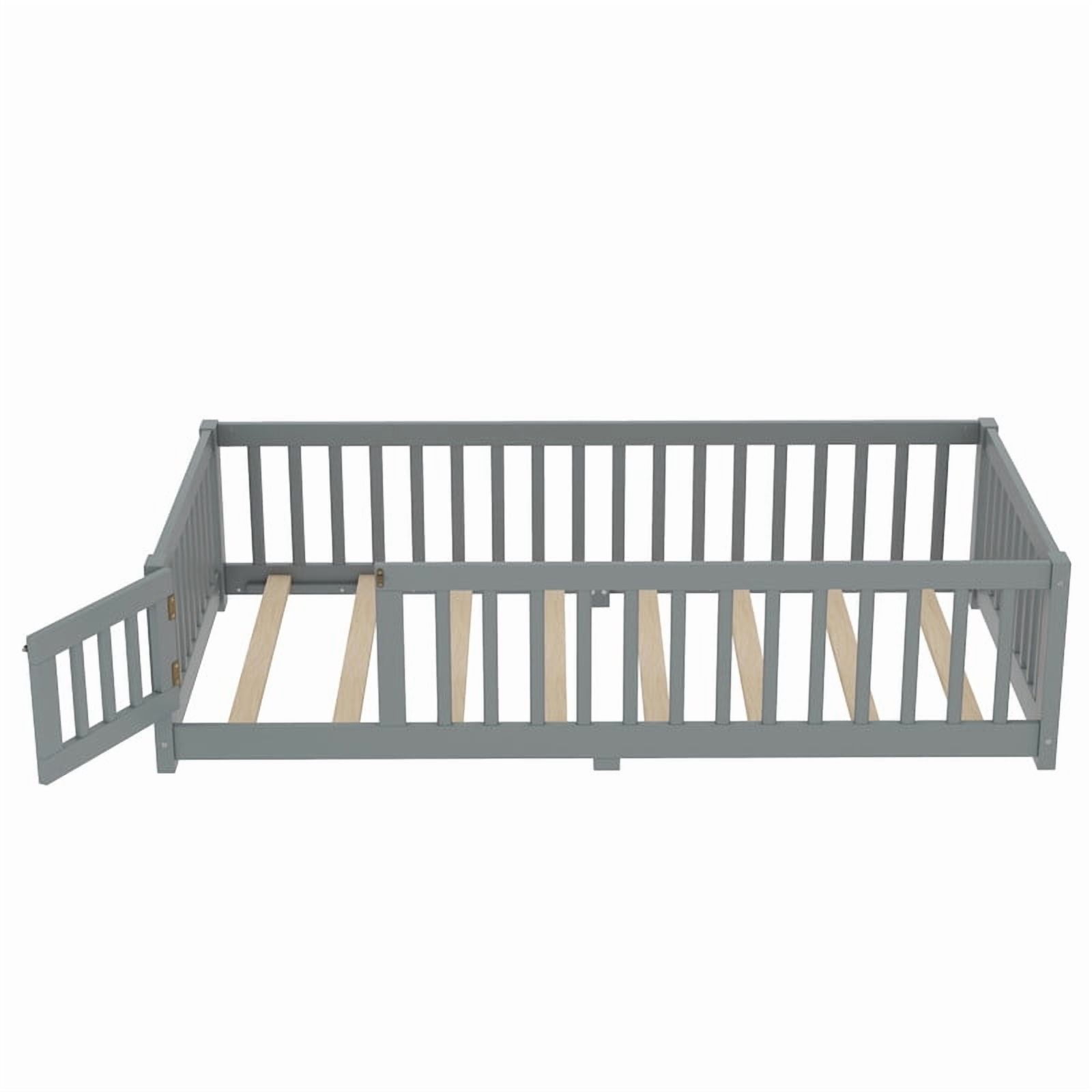 Montessori Bed with Rails, Twin Size Floor Bed with Door & Slats Support, Wood Playhouse Bed with Fence, No Box Spring Needed,Gray