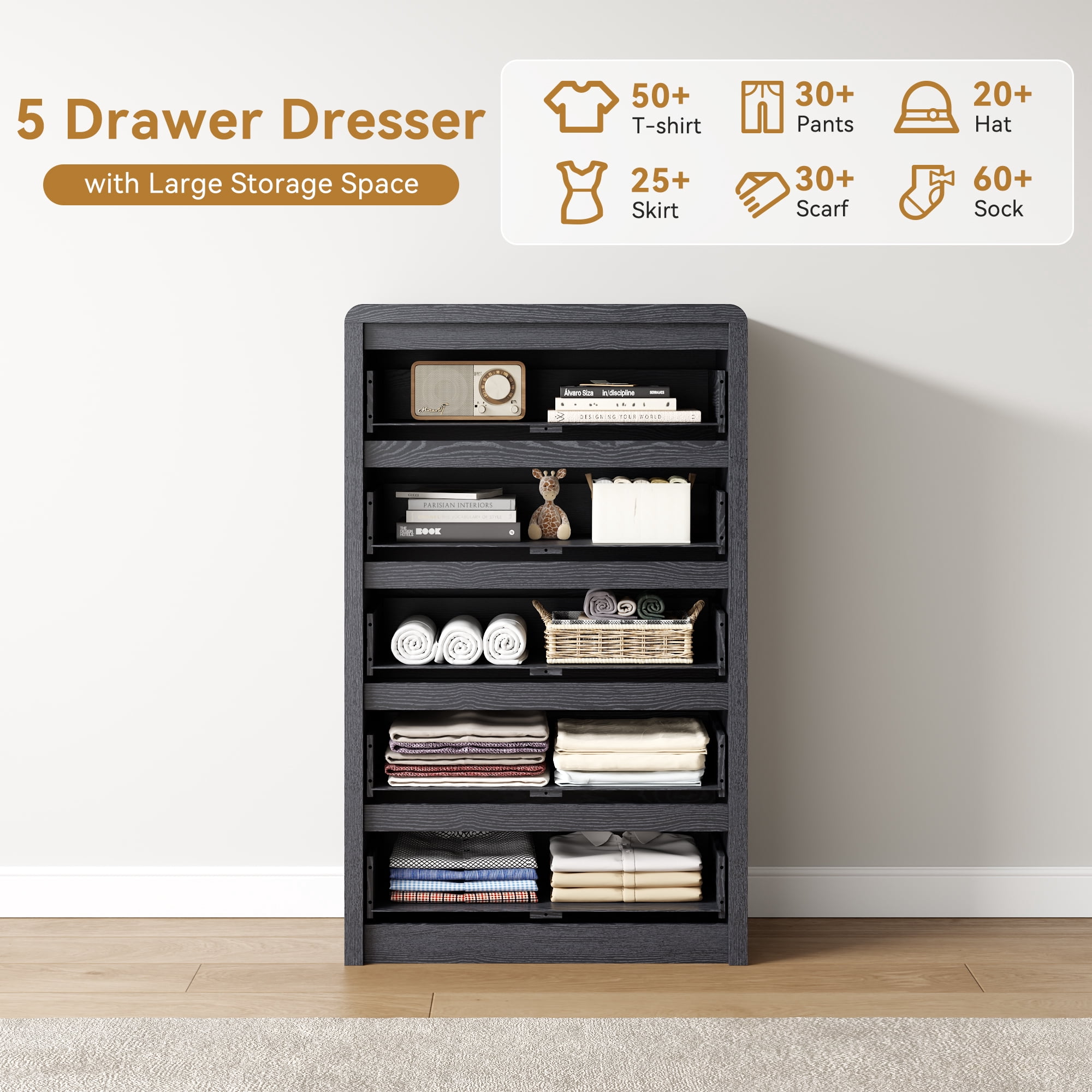 ASTUVIA 5 Drawers Dresser for Bedroom, 48.4" Tall Chest of Drawers with Curved Profile Design, Mid Century Fluted Storage Dressers Organizer,Black