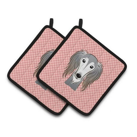 

Checkerboard Pink Saluki Pair of Pot Holders