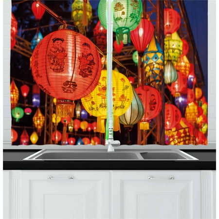 Lantern Curtains 2 Panels Set, International Chinese New Year Celebration China Hong Kong Korea Indigenous Culture, Window Drapes for Living Room Bedroom, 55W X 39L Inches, Multicolor, by